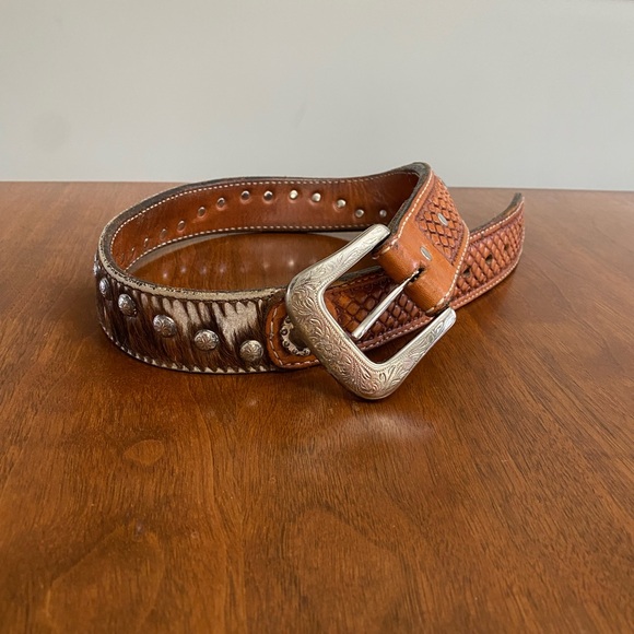 Accessories - Women’s Hair on Hide Western Tooled Belt with Conchos - 28